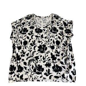 Carmen Marc Valvo  Short Sleeved Blouse Top Stretch White Black Floral Sz XL